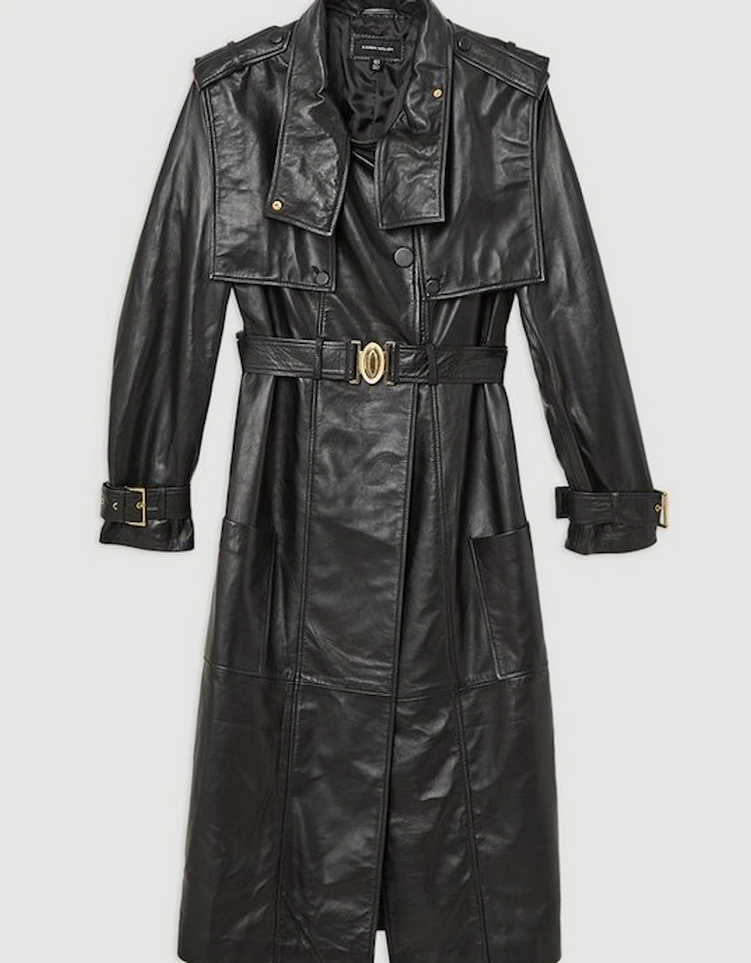 Leather Strong Shoulder Belted Trench Coat