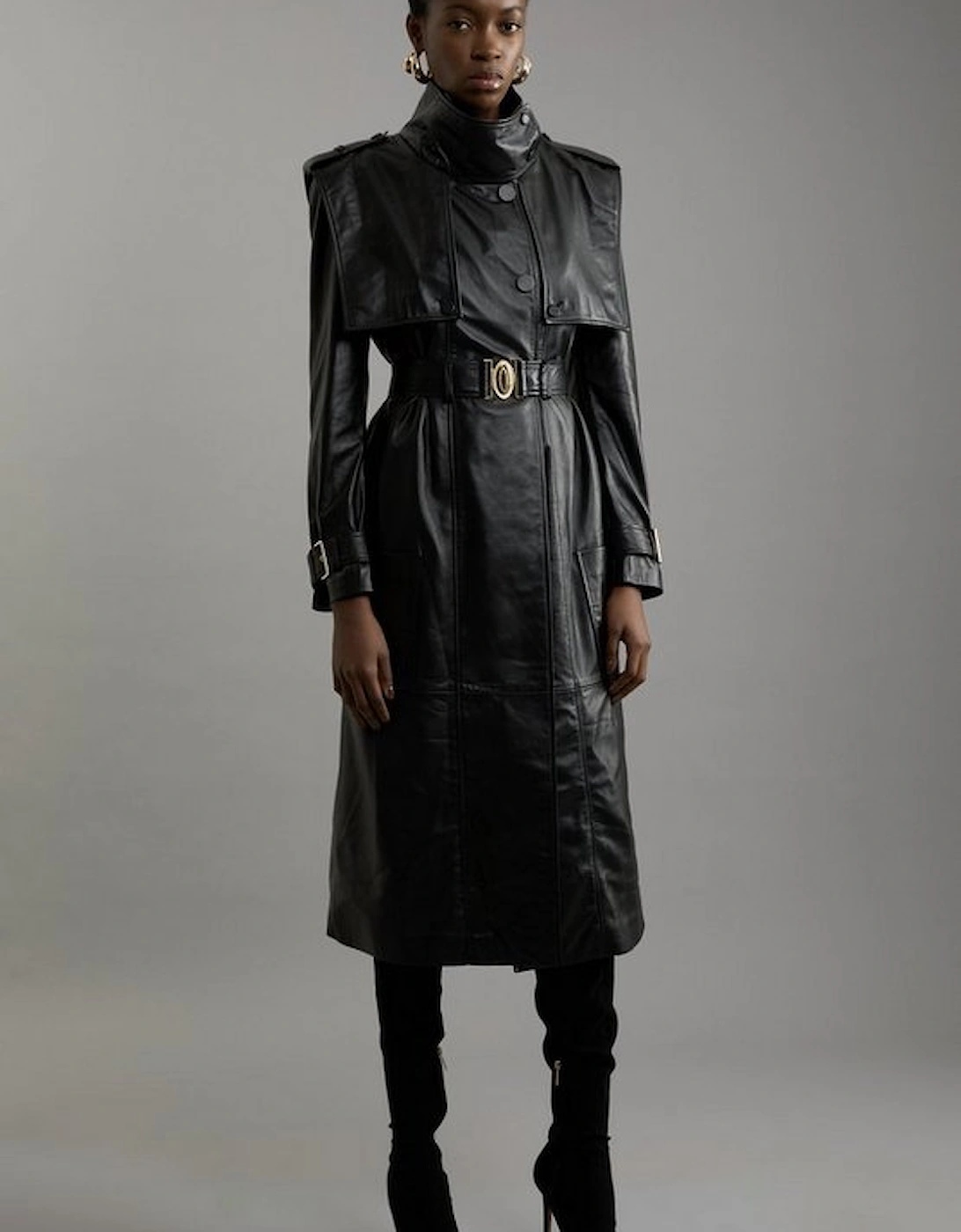 Leather Strong Shoulder Belted Trench Coat