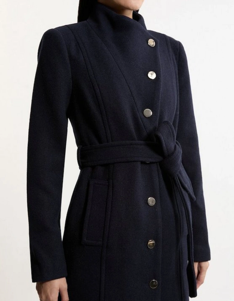 Tailored Wool Blend Asymmetric Button Neck Belted Midi Coat