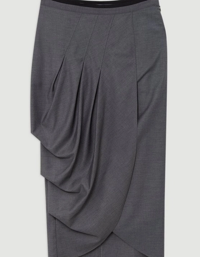 Wool Blend Pleated Detail Tailored Midi Skirt