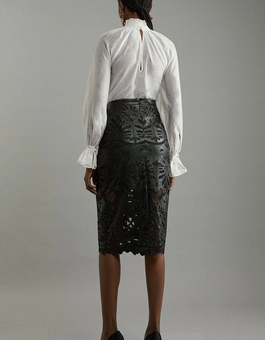 Cutwork Pu Tailored Midi Skirt