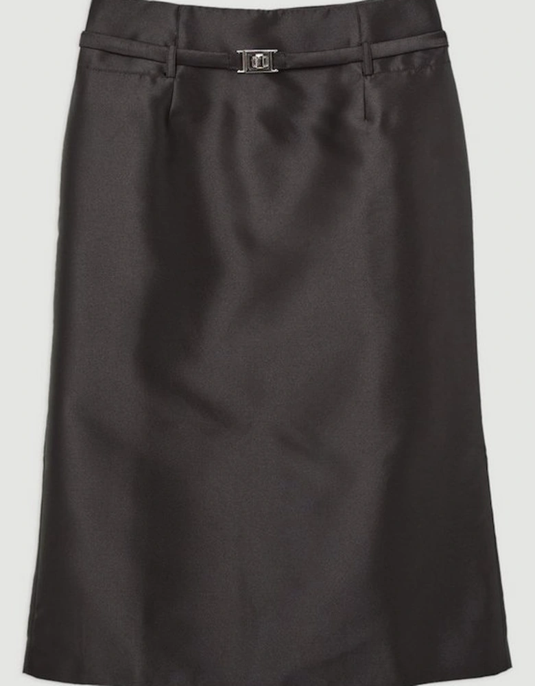 Satin Twill Belted Tailored Midi Skirt