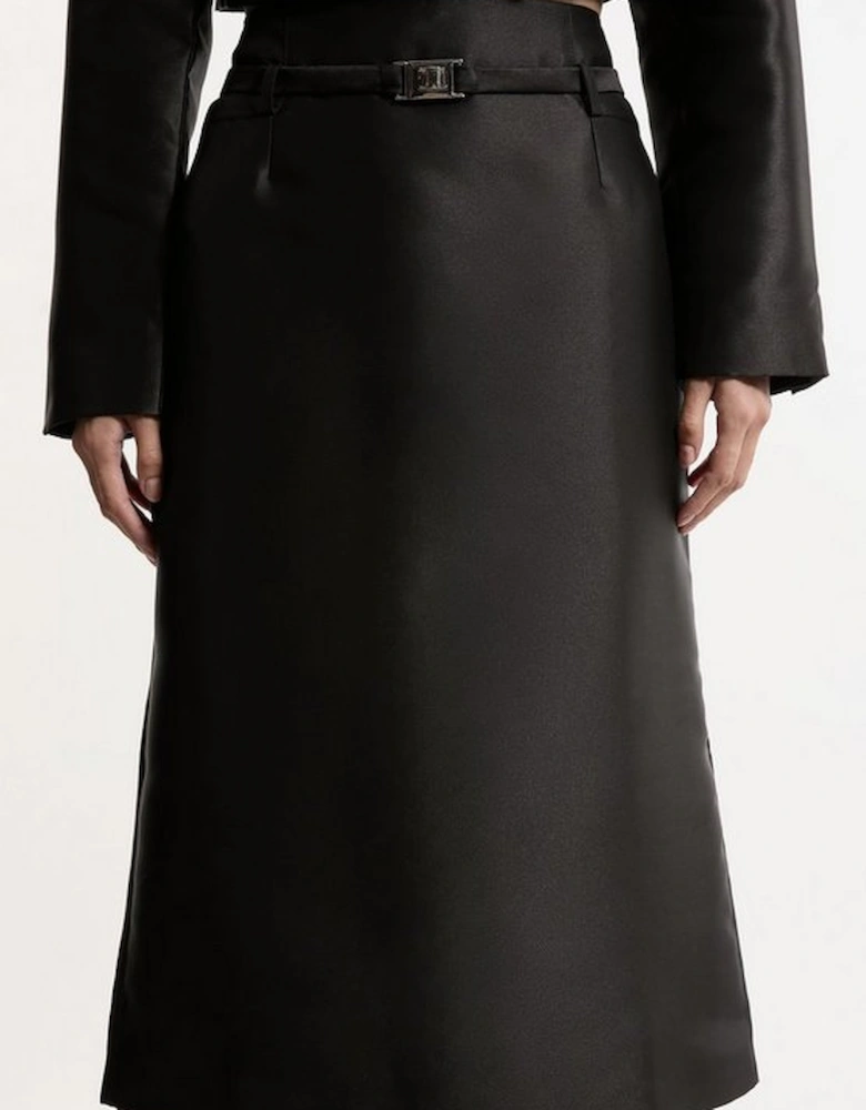Satin Twill Belted Tailored Midi Skirt
