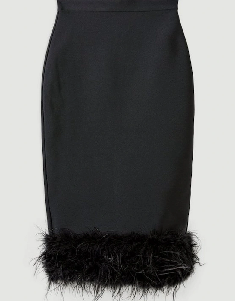 Figure Form Bandage Knit Feather Hem Midi Skirt