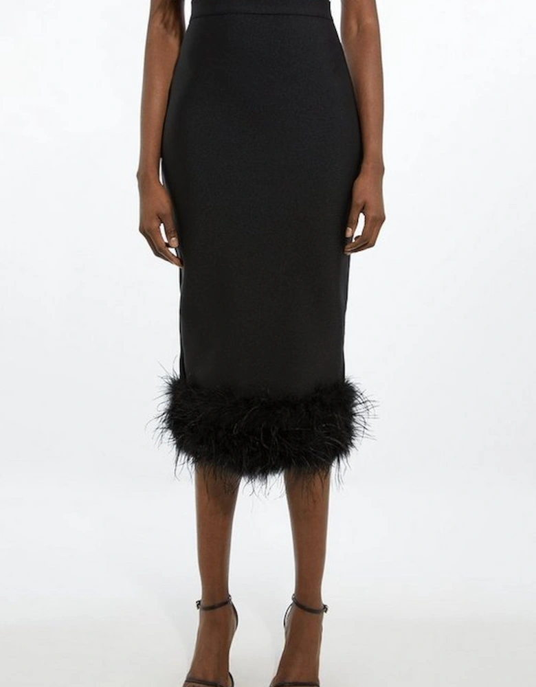 Figure Form Bandage Knit Feather Hem Midi Skirt