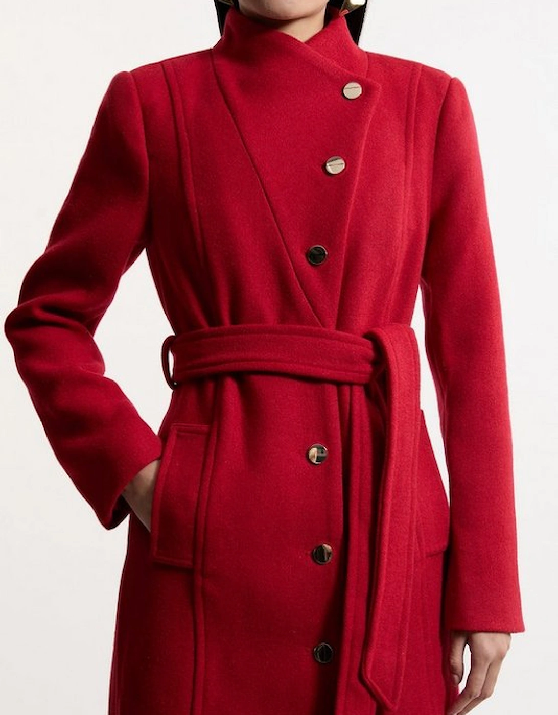 Petite Tailored Wool Blend Asymmetric Button Neck Belted Midi Coat