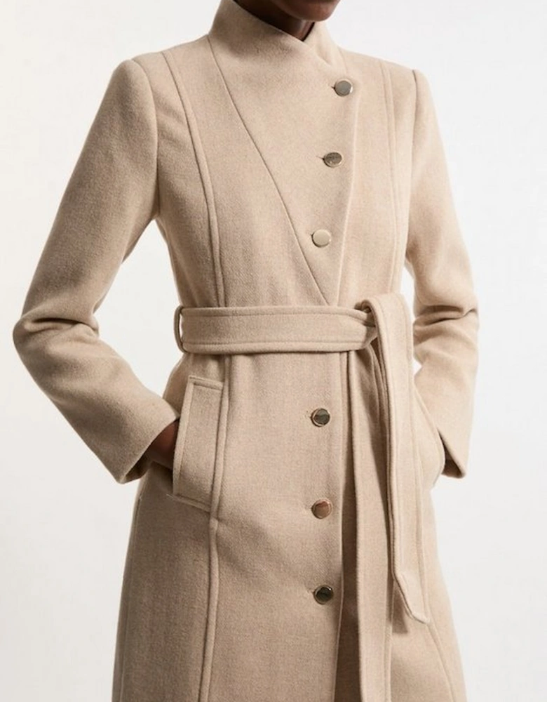 Tailored Wool Blend Asymmetric Button Neck Belted Midi Coat