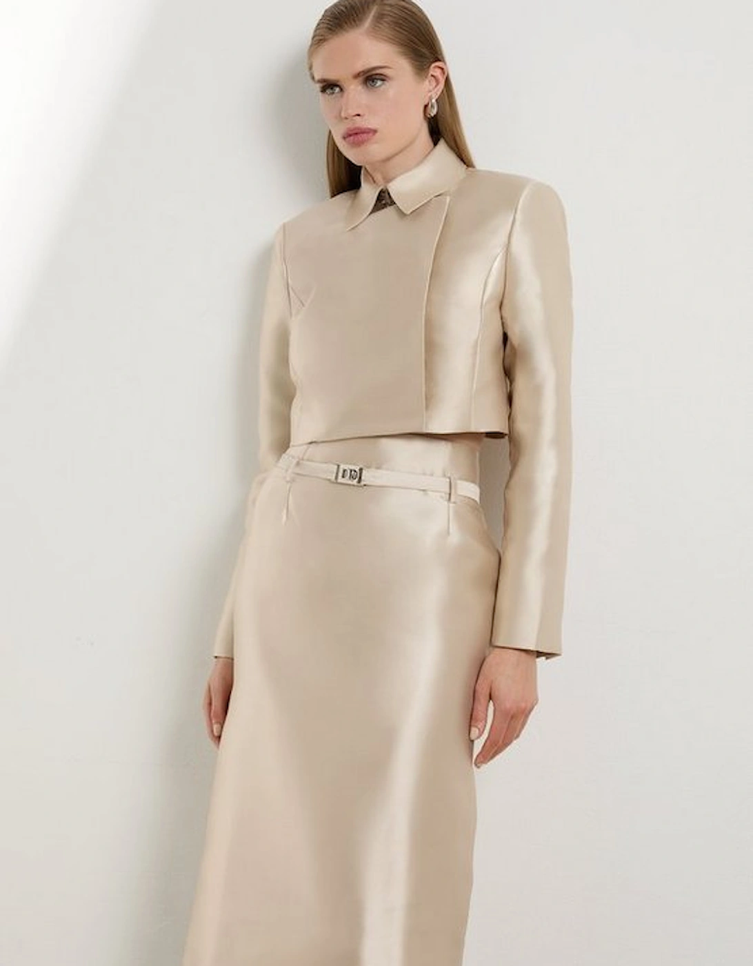 The Founder Satin Twill Belted Tailored Midi Skirt