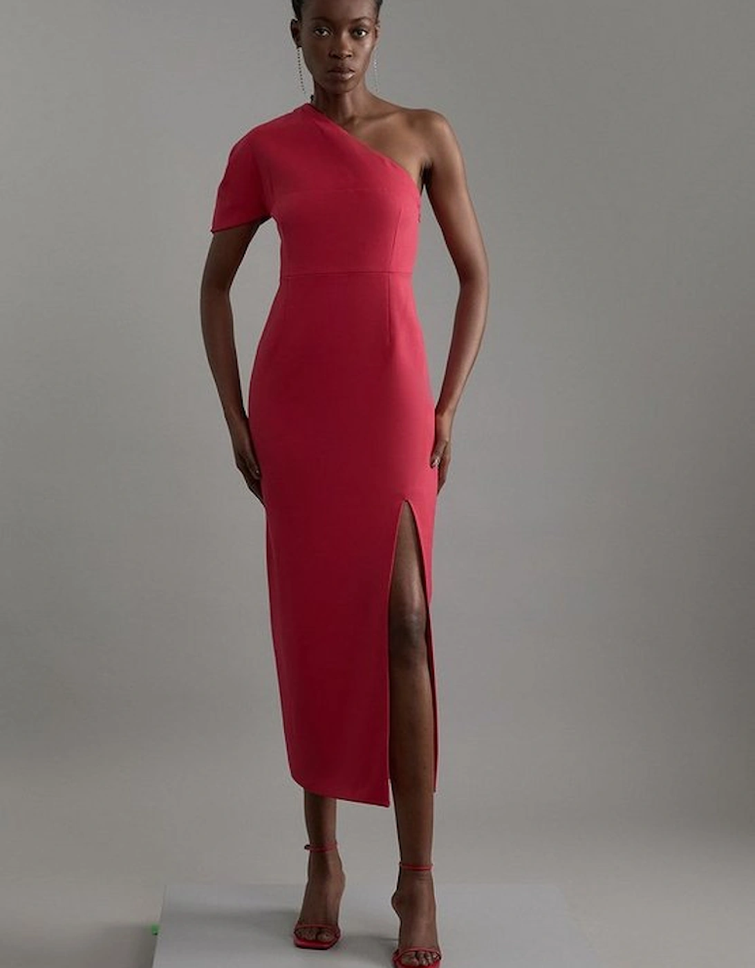 Structured Crepe Asymmetric Cape Detail Tailored Midi Dress, 5 of 4