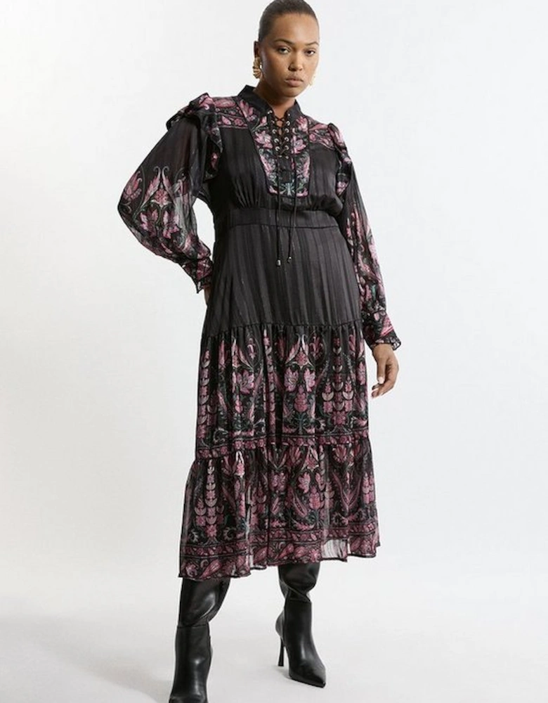 Plus Size Boho Floral Lace Front Detail Woven Midaxi Dress