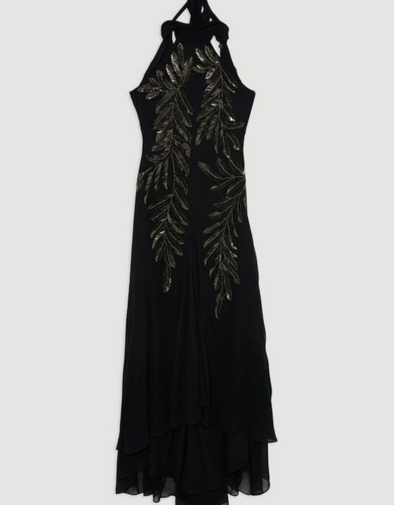 Halter Neck Feather Sequin Detail Woven Maxi Dress