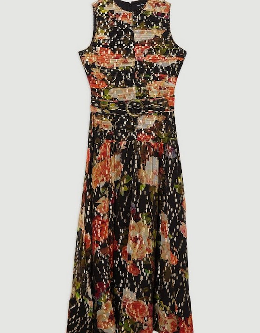 Floral Printed Viscose Metallic Thread Beaded Woven Midaxi Dress