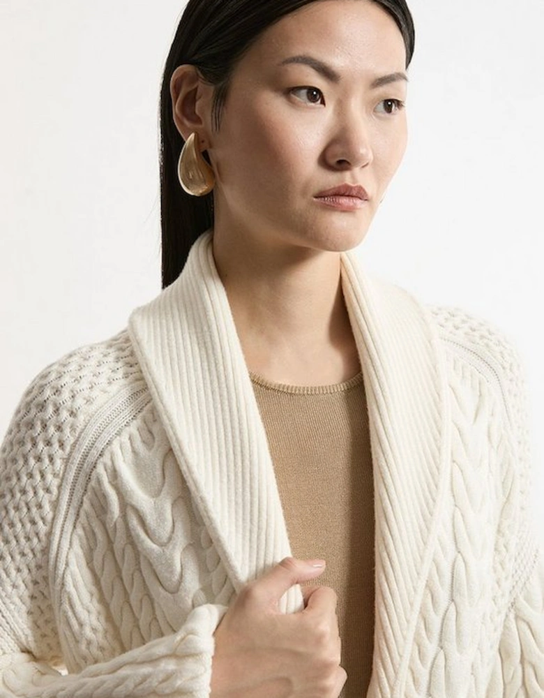 Petite All Over Cable Knit Shawl Collar Longline Belted Coatigan