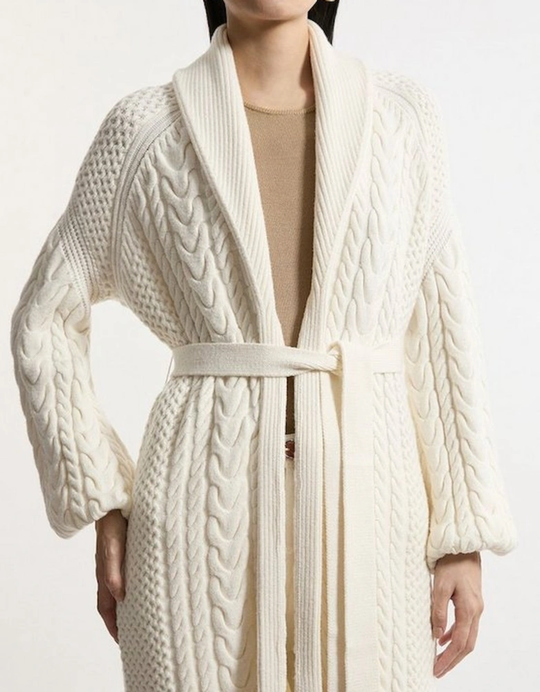 Petite All Over Cable Knit Shawl Collar Longline Belted Coatigan