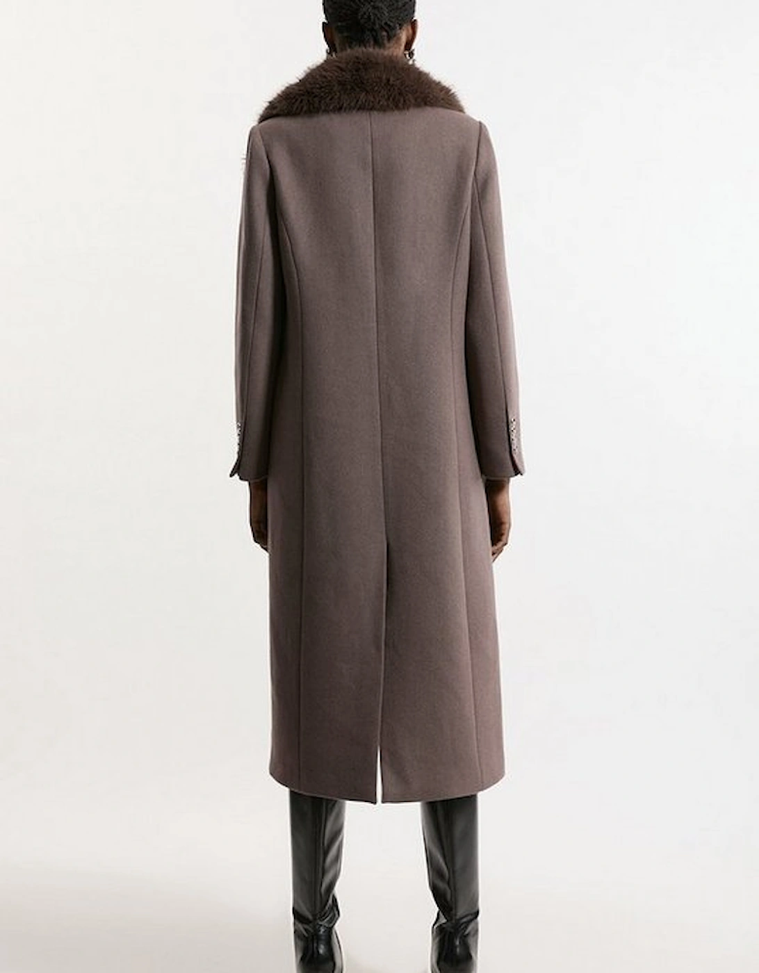 Wool Blend Fur Trim Collar Tailored Midi Coat