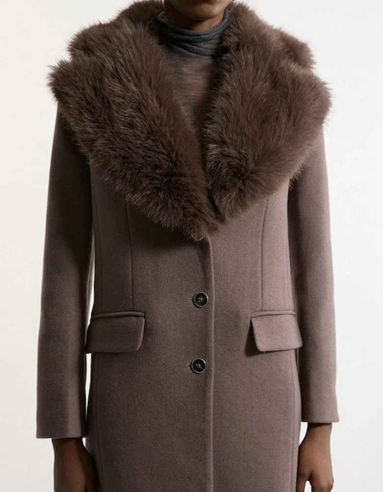 Wool Blend Fur Trim Collar Tailored Midi Coat