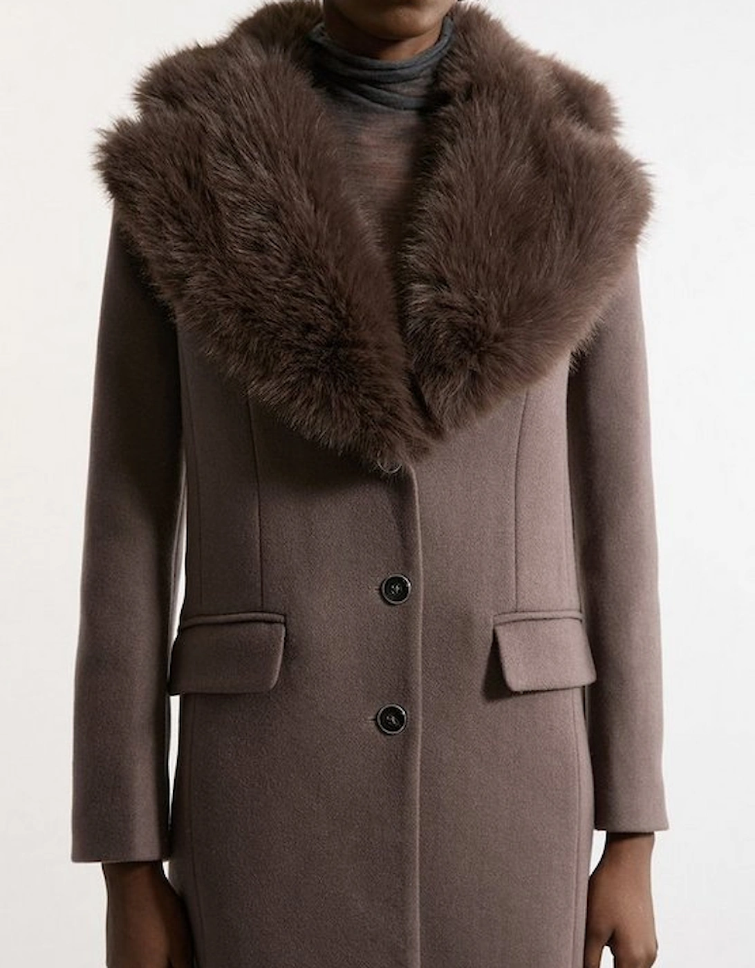 Wool Blend Fur Trim Collar Tailored Midi Coat