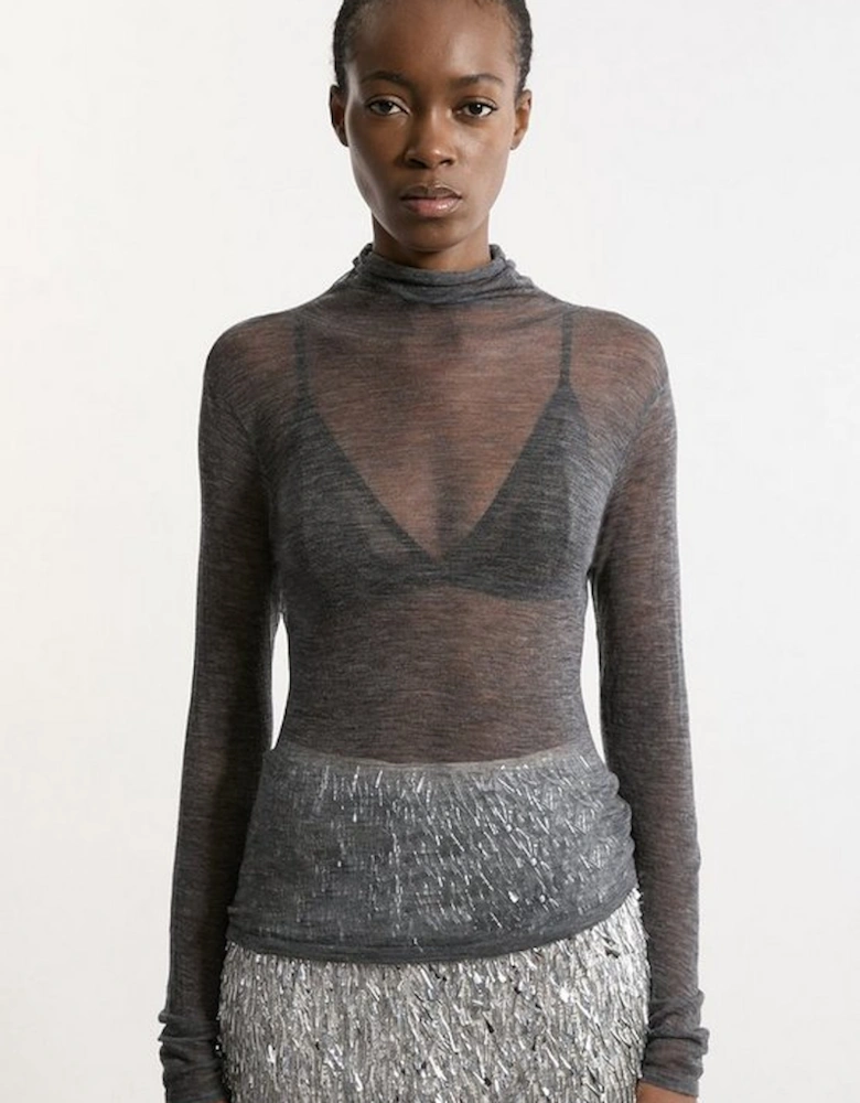 Wool Sheer Knit Roll Neck