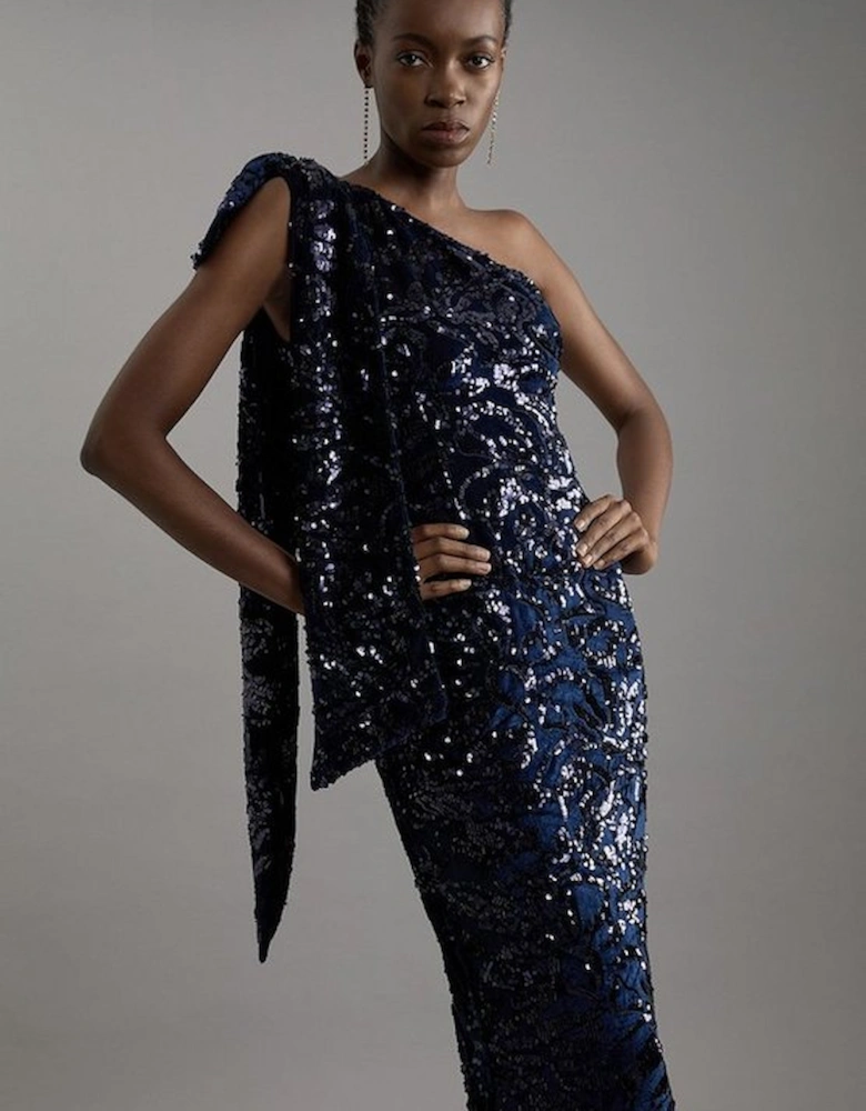 Petite Velvet Sequin One Shoulder Woven Maxi Dress