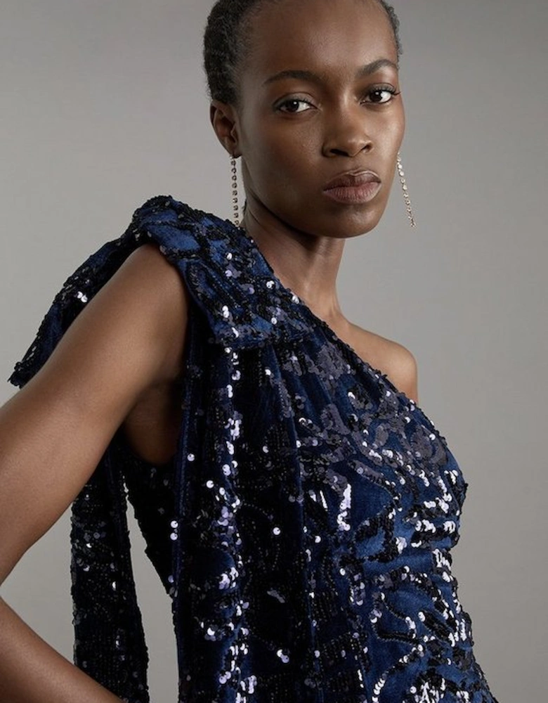 Petite Velvet Sequin One Shoulder Woven Maxi Dress