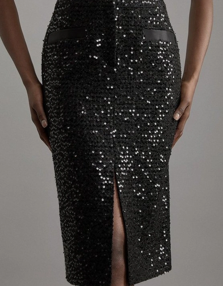 Sequin Tweed Tailored Midi Skirt