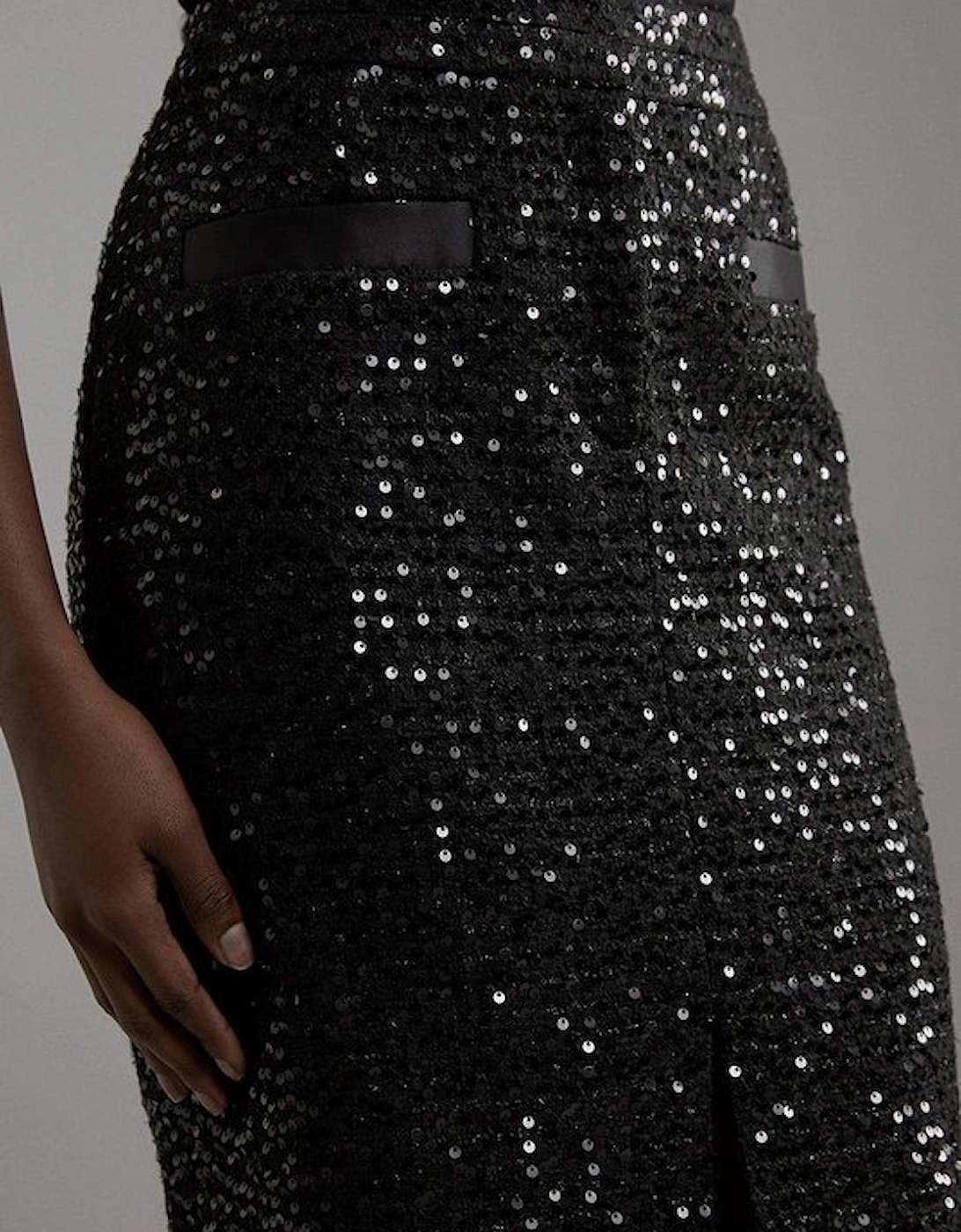 Sequin Tweed Tailored Midi Skirt