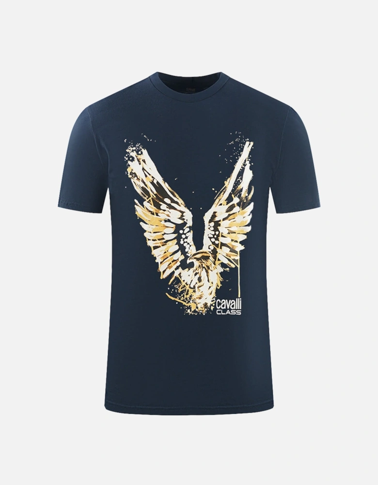 Cavalli Class Large Golden Eagle Logo Navy Blue T-Shirt