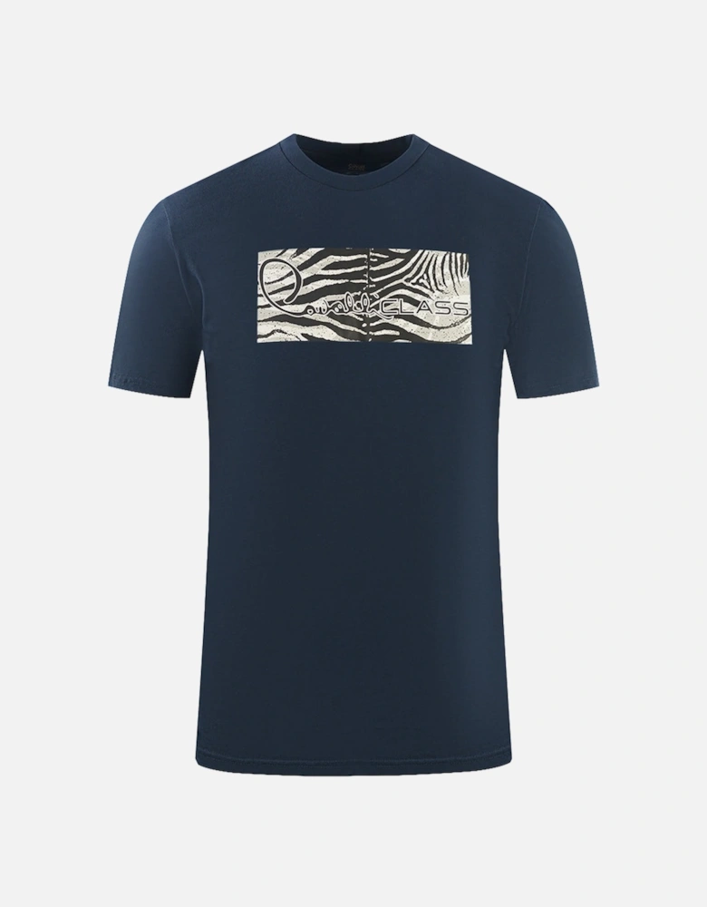 Cavalli Class Zebra Print Box Logo Navy Blue T-Shirt