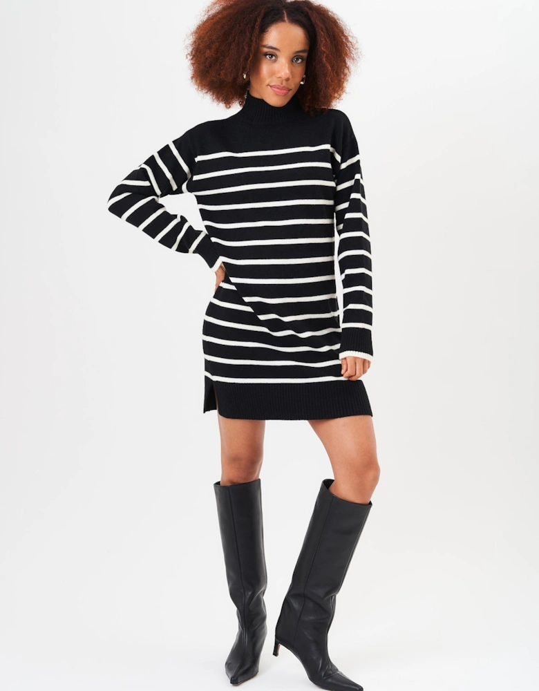 Black High Neck Stripe Oversized Tunic Dress