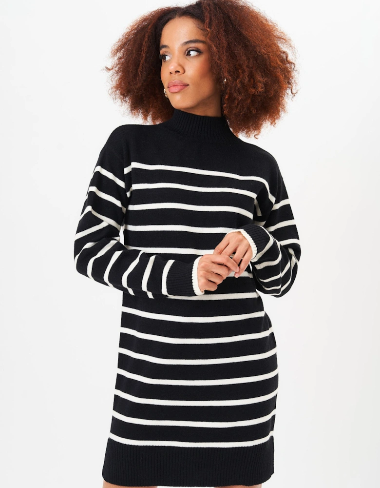 Black High Neck Stripe Oversized Tunic Dress