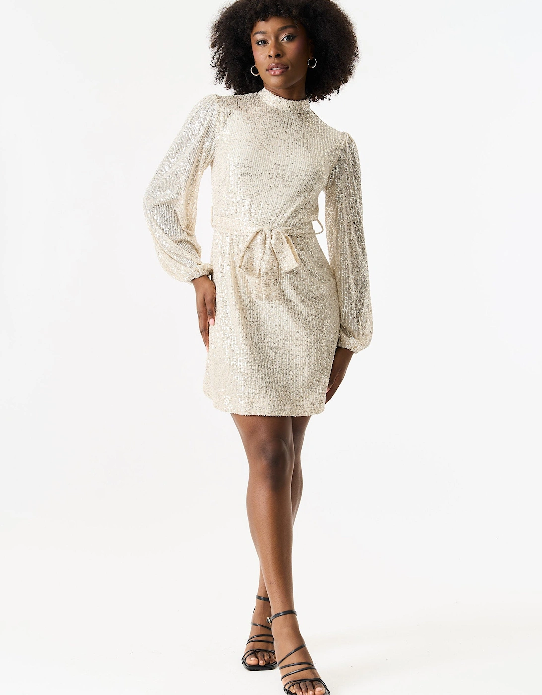 Cream High Neck Long Sleeves Belted Sequin Dress, 5 of 4