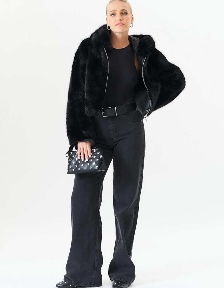 Black Zip Front Cropped Faux Fur Jacket