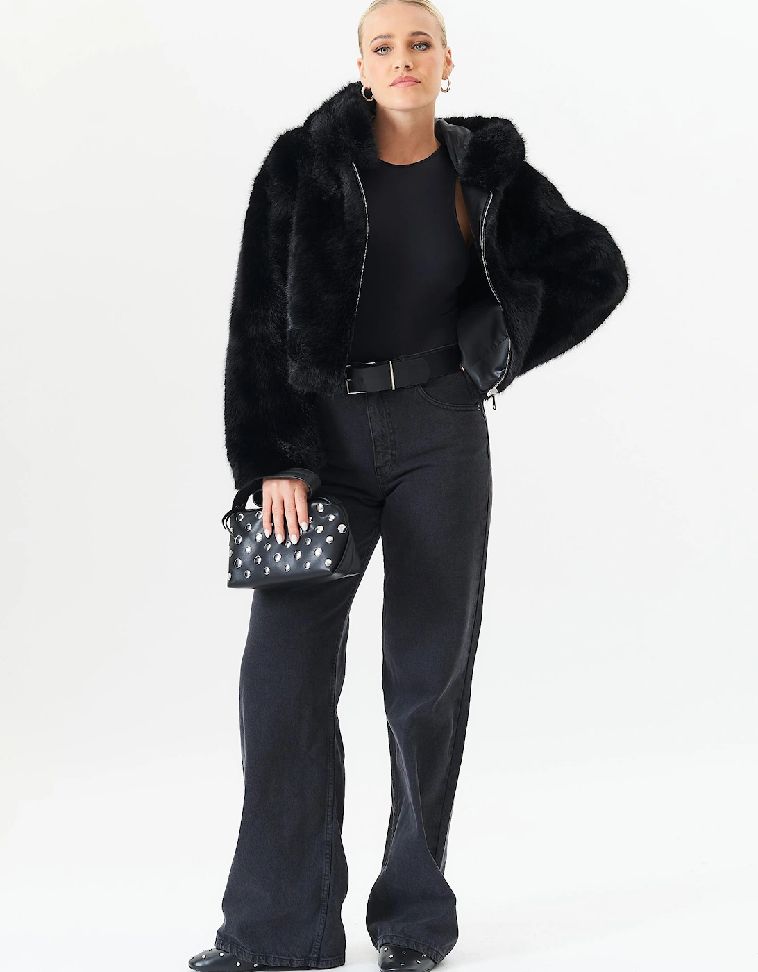 Black Zip Front Cropped Faux Fur Jacket, 5 of 4