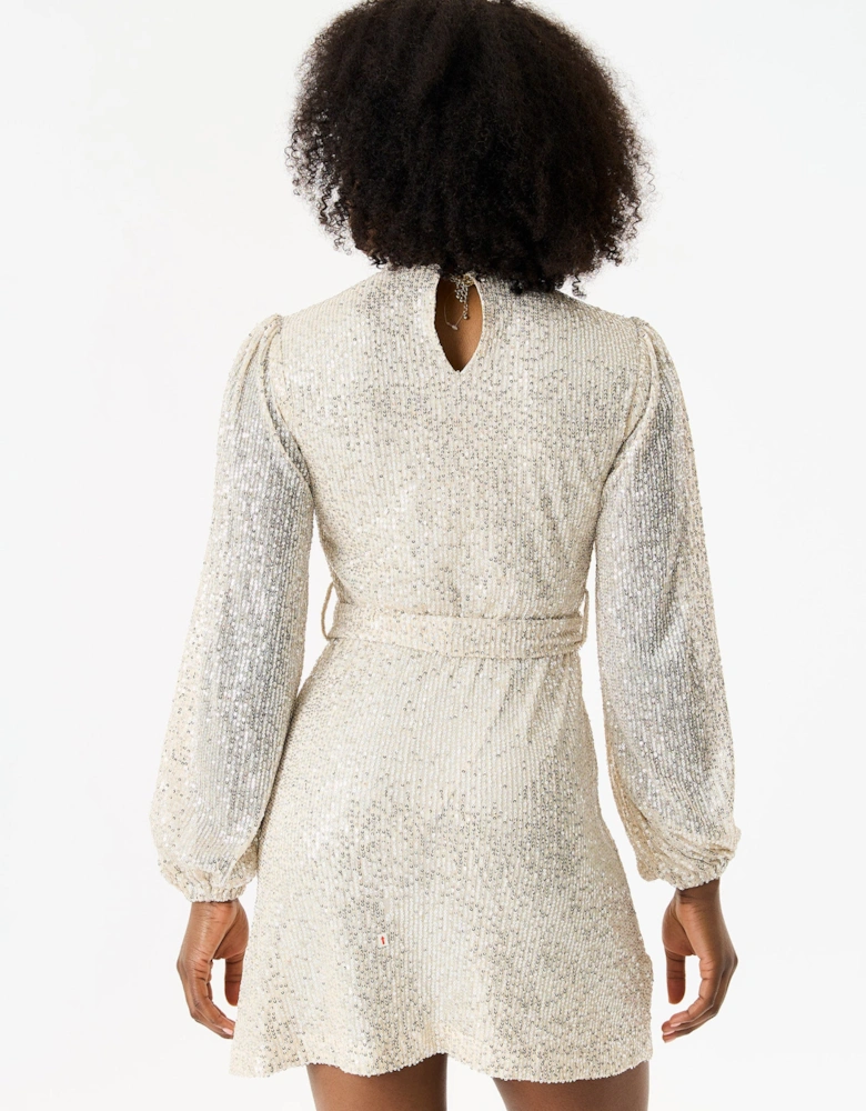 Cream High Neck Long Sleeves Belted Sequin Dress