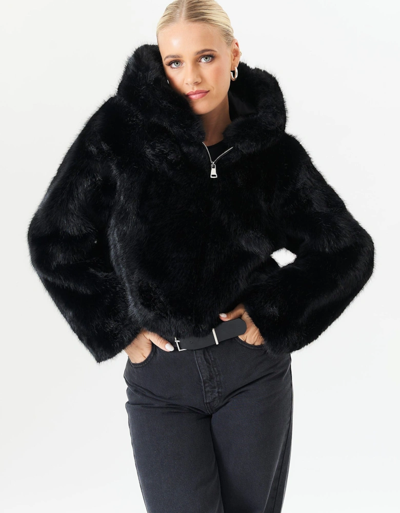 Black Zip Front Cropped Faux Fur Jacket