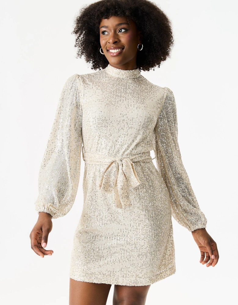 Cream High Neck Long Sleeves Belted Sequin Dress