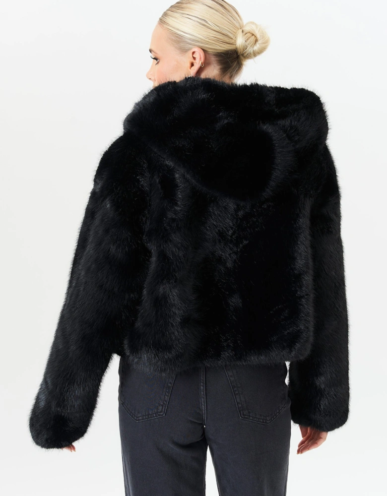 Black Zip Front Cropped Faux Fur Jacket