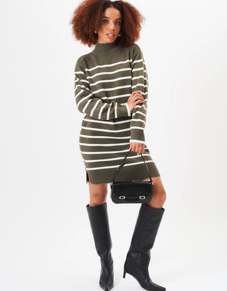Khaki High Neck Stripe Oversized Tunic Dress