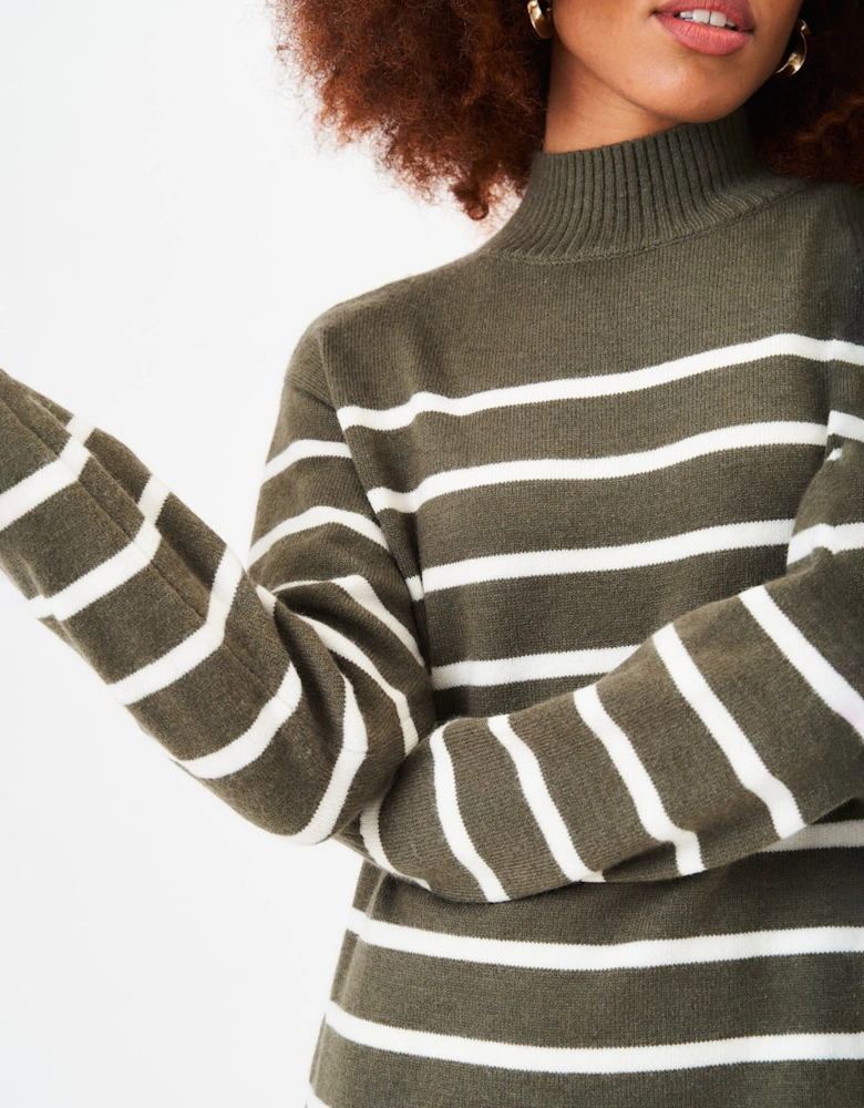 Khaki High Neck Stripe Oversized Tunic Dress
