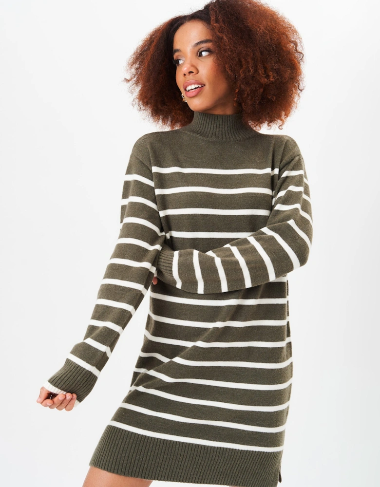 Khaki High Neck Stripe Oversized Tunic Dress