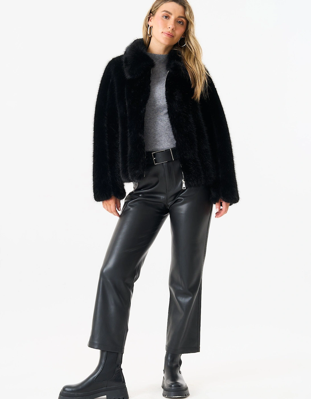 Black Zip Front Faux Fur Short Jacket, 5 of 4