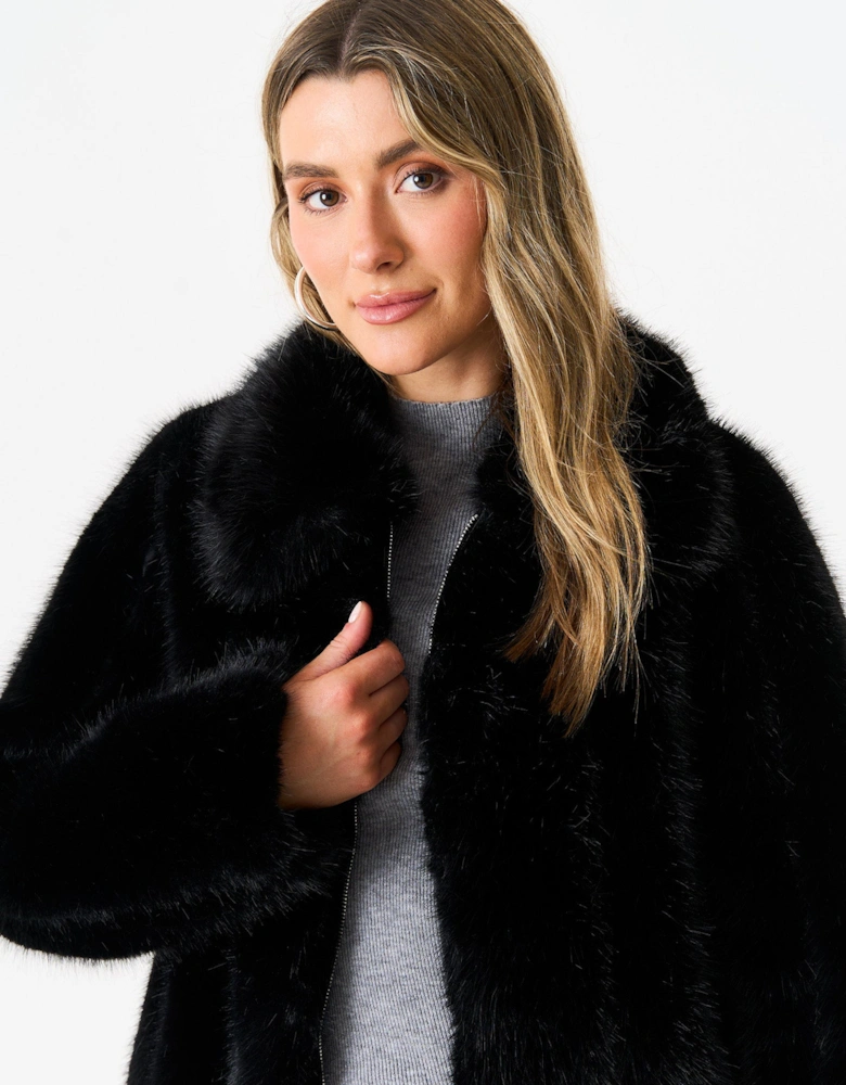 Black Zip Front Faux Fur Short Jacket