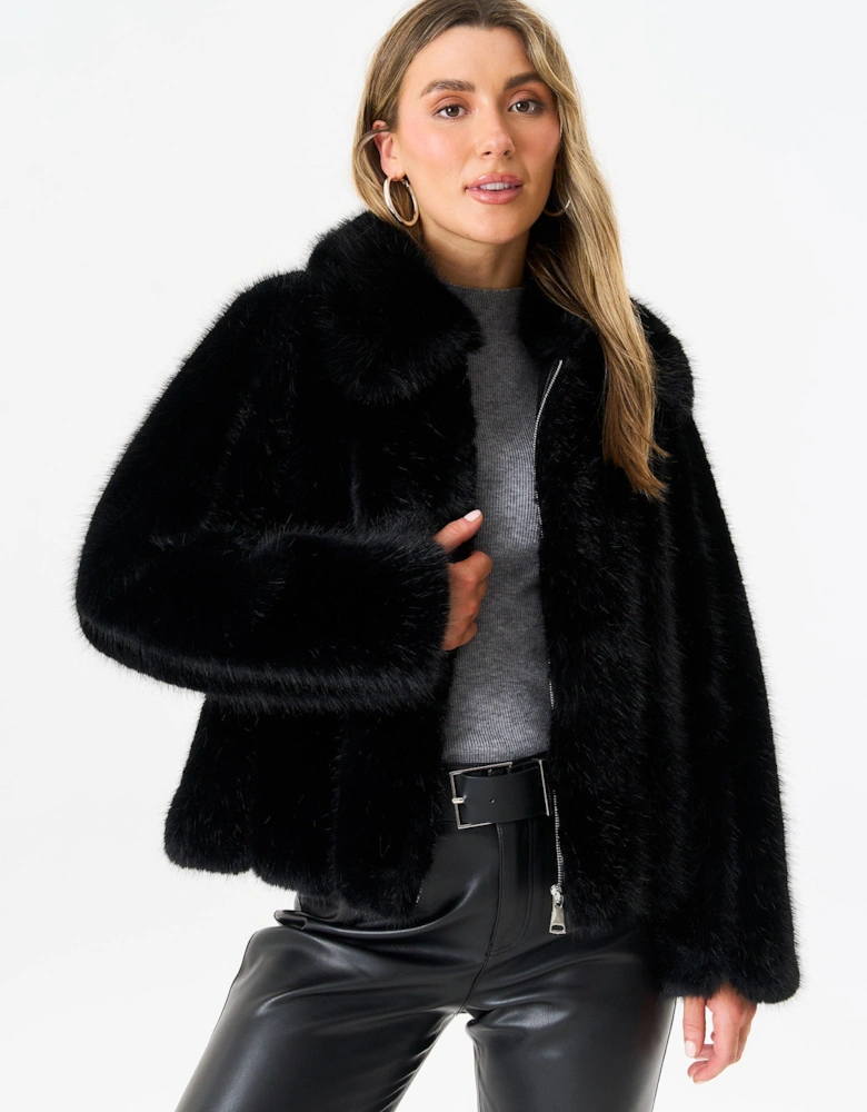 Black Zip Front Faux Fur Short Jacket