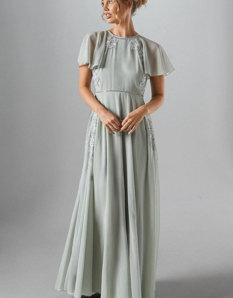 Angel Sleeve Embroidered Winter Floral Bridesmaid Maxi Dress