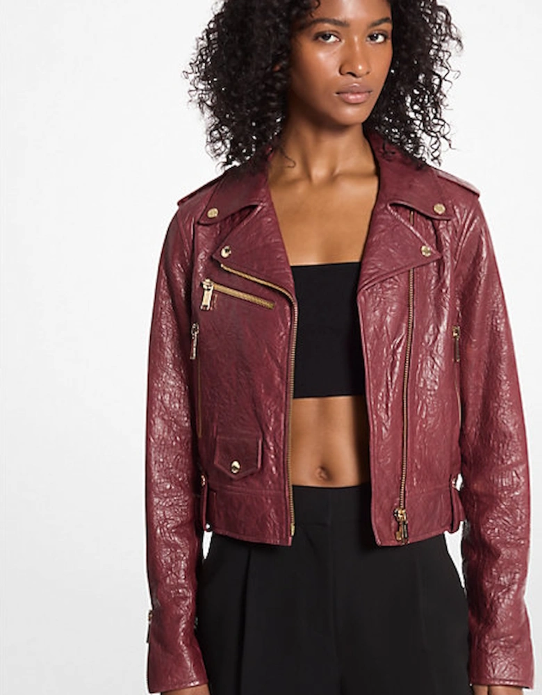 Crinkled Leather Cropped Moto Jacket