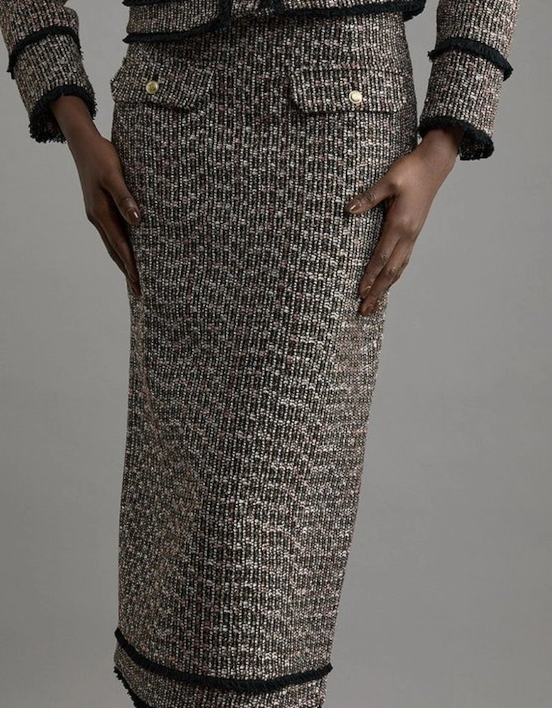 Wool Mix Boucle Tweed Tailored Maxi Skirt