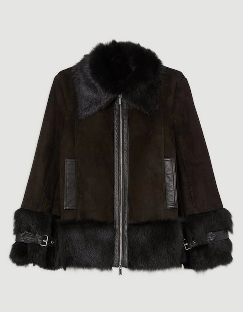 Shearling Buckle Detail Zip Through Coat