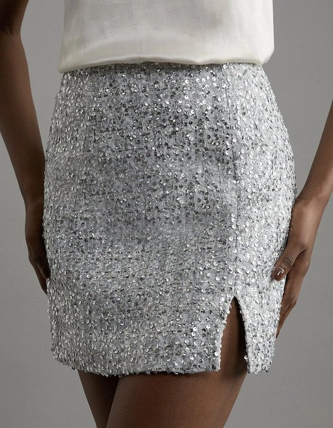 Sequin Metallic Boucle Belted Tailored Mini Skirt