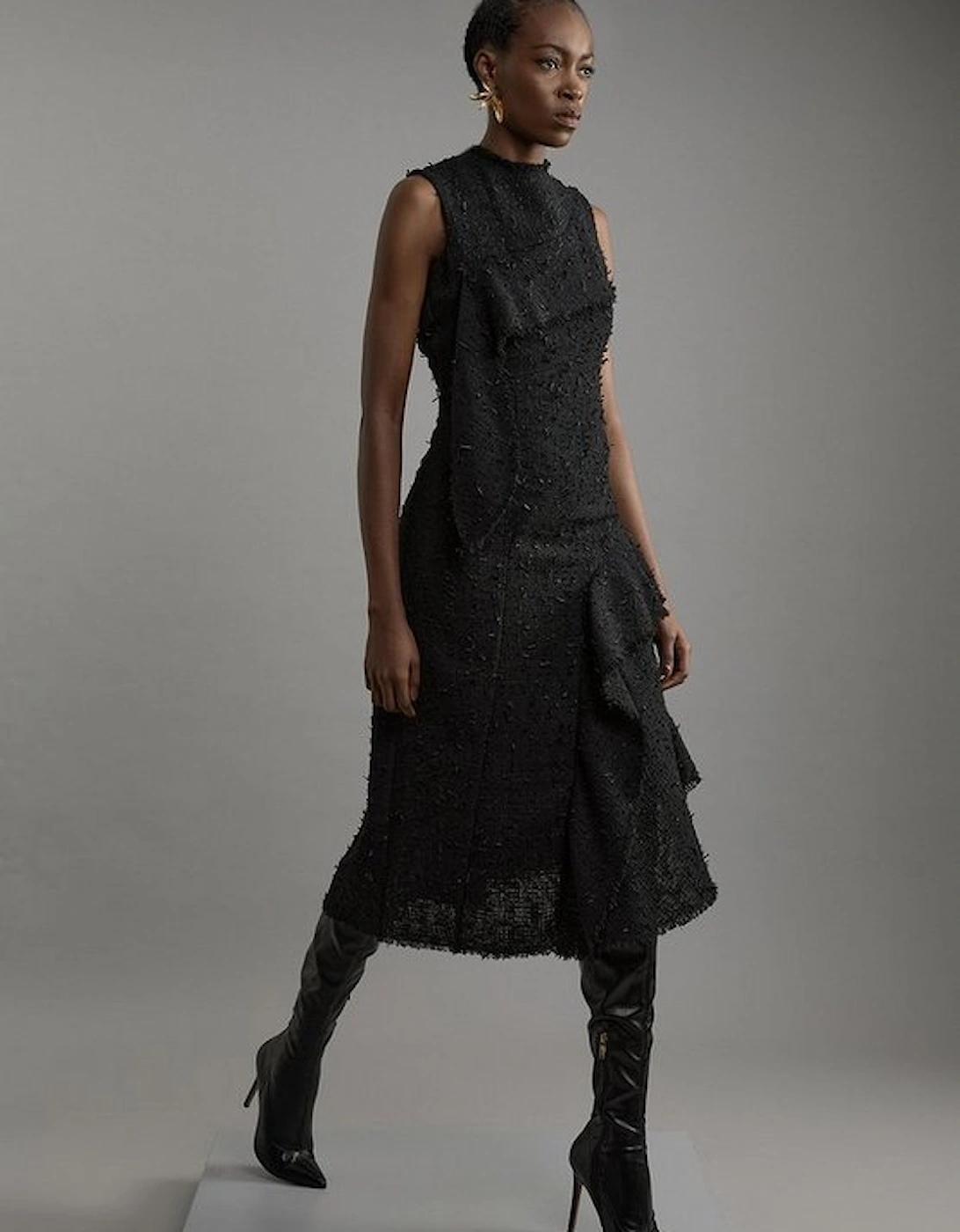 Metallic Boucle Tailored Sleeveless Asymmetric Midaxi Dress