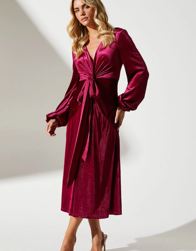 Petite Velvet Long Sleeve Midi Wedding Guest Dress